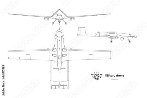 Outline military drone top, side, front view. Isolated army plane. Modern unmanned bomber blueprint