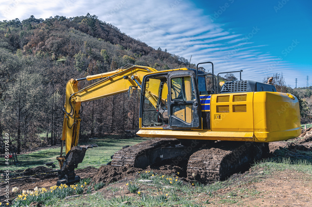 Industrial construction, clearing of the territory for construction by the excavator. Industrial construction, clearing of the territory for construction by the excavator.