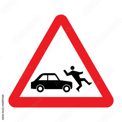Accident with pedestrian warning sign. Vector illustration of red triangle sign with car hitting man icon inside. Risk of running over people. Vehicle crash accident symbol. Caution people on road.
