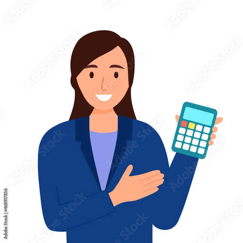 Businesswoman showing calculator to business customer in flat design on white background. Accountant employee.
