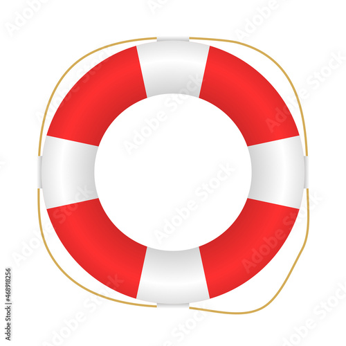Realistic red and white lifebuoy whith a rope.