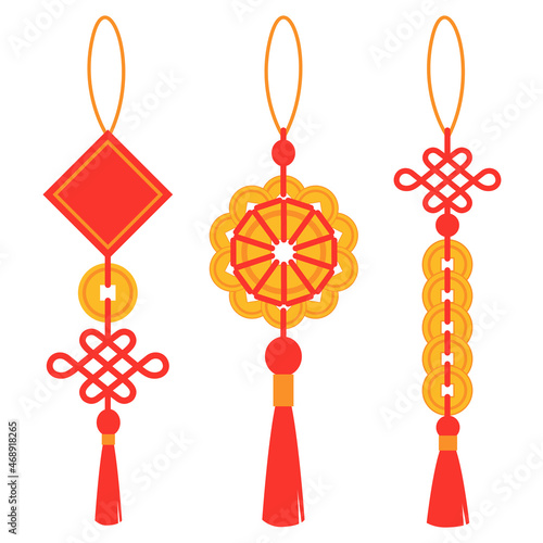 A network of Chinese amulets with coins. Set