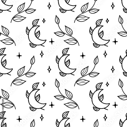 Delicate pattern with crescent moon and  branches. Black and white