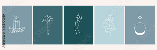 Set of mystic abstract logo design templates in simple linear style - hands, plants, moon and crystal - abstract symbols for social media stories highlights and posts, for cosmetics and packaging