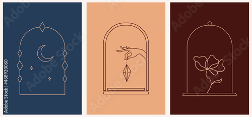 Vector design mystic linear hands, moon and flower template logos and arches abstract logo set design templates in trendy linear minimal style. Celestial and magical abstract print.