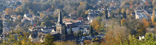 Aerial view of the village of Chevreuse and Catholic church of Saint-Martin , France