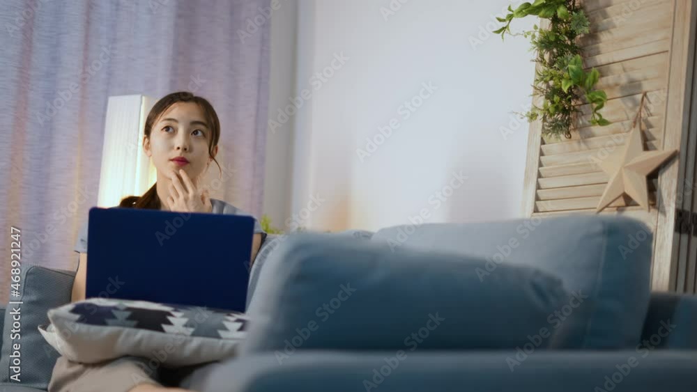 ソファーでノートパソコンを使う若い女性 ソファーでノートパソコンを使う若い女性