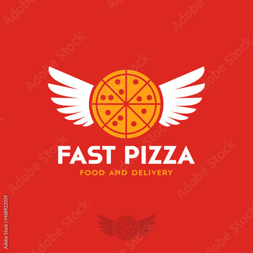 Fast Pizza logo. Pizza and wings are symbol of fast ordering and delivery. Italian traditional food emblem. 