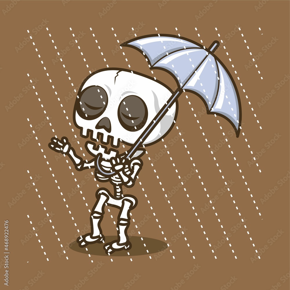 cute cartoon skull character wearing umbrella playing rain. vector