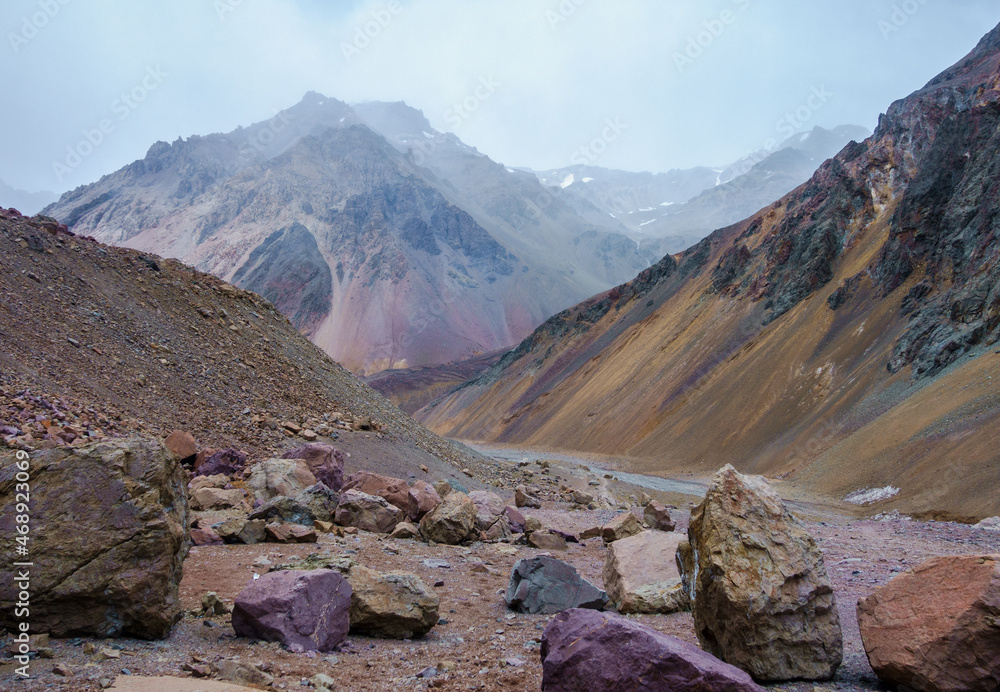 
Scenic Valley in the Aconcagua Provincial Park with huge rocks on the foewground, Mendoza, Argentina