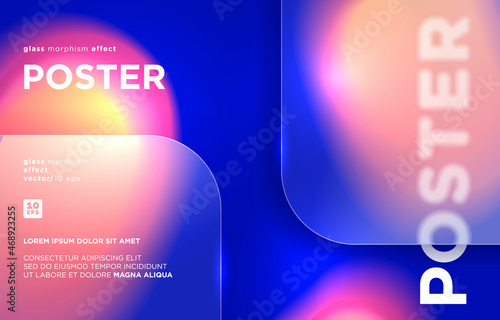 Poster in the glass morphism style. Translucent, frosted glass and abstract amorphous shapes. Place for your text.
