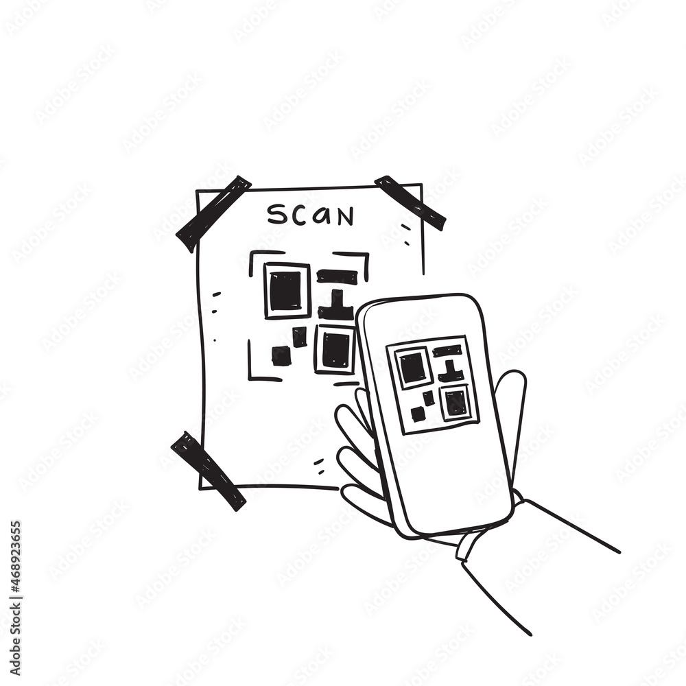 hand drawn doodle QR code scanning icon in smartphone illustration
