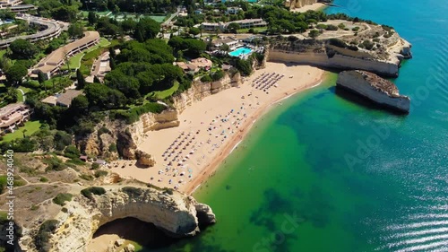 Aerials of Praia Da Gale beach, Albufeira and Armacao De Pera, Algarve, Portugal
