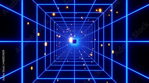 Square tunnel of blue neon lines and falling yellow drop particles and darkness at the end. VJ loop photo