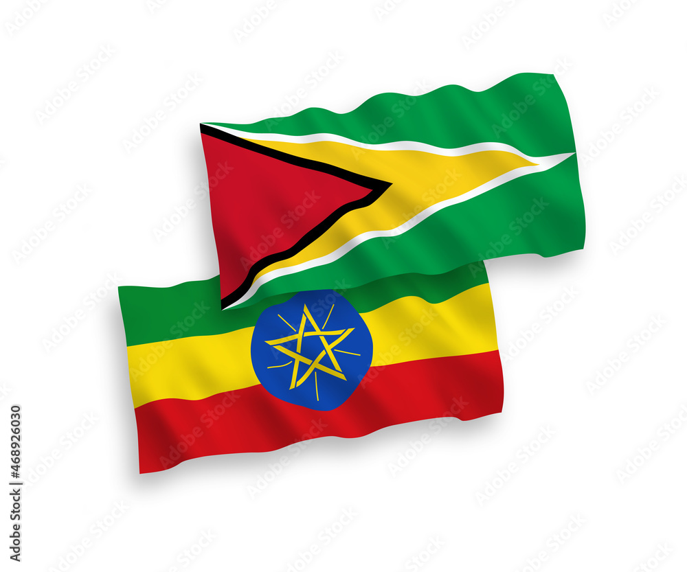 Flags of Co-operative Republic of Guyana and Ethiopia on a white background Flags of Co-operative Republic of Guyana and Ethiopia on a white background