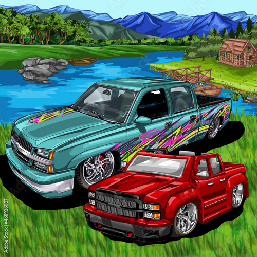 racing car with nature background. racing car beside lake and beautiful nature trees. vector illustration.