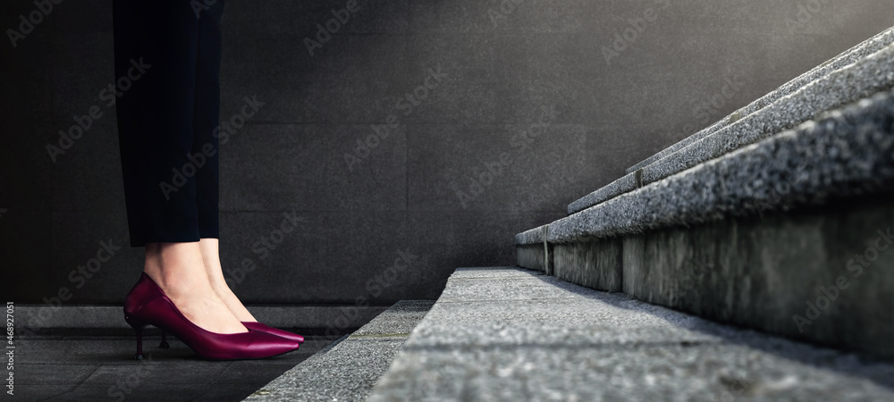 Start Concept. Woman Power. Low Section of Business Female Standing on First Step Staircase. Get Ready for Moving Forward to New Challenge. Cropped Image. Side View - obrazy, fototapety, plakaty 