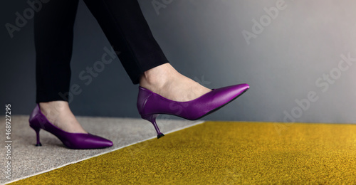 Start Concept. Low Section of Business Woman Steps into Start Line for Moving Forward to New Challenge. Cropped Image. Side View. Business Strategy, Metaphor Conceptual photo