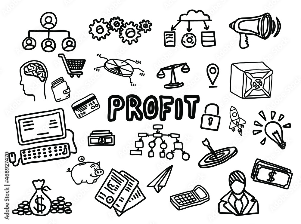 Fototapeta premium Hand drawn set of business and finance elements, coin, calculator, piggy, money. Comic doodle sketch style. Business element drawn by digital brush-pen. Vector illustration. 