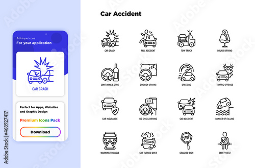 Car accident thin line icons set: crashed cars, tow truck, drunk driving, safety belt, traffic offense, car insurance, falling in water, warning triangle. Modern vector illustration.
