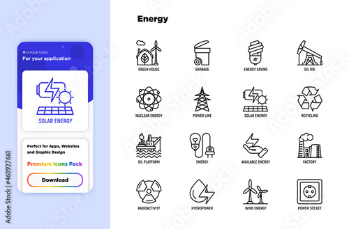 Energy thin line icon: factory, oil platform, hydropower, wind energy, power socket, radioactivity, garbage, oil rig, green house, solar energe, recycling, nuclear energy. Modern vector illustration