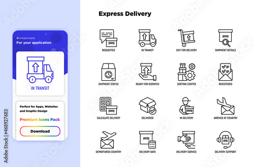 Express delivery thin line icons set: parcel, truck, out for delivery, searchong of shipment, courier, sorting center, dispatch, registered, delivered. Modern vector illustration.