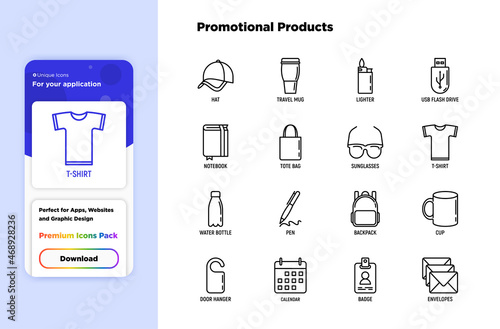 Promotional products thin line icons set: notebook, tote bag, sunglasses, t-shirt, water bottle, pen, backpack, cup, hat, travel mug, usb, lighter, calendar. Modern vector illustration.