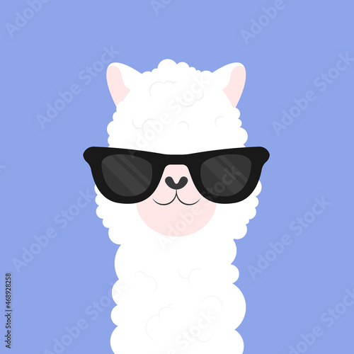 Cute cartoon llama in glasses. Animal portrait. Alpaca vector illustration isolated on background