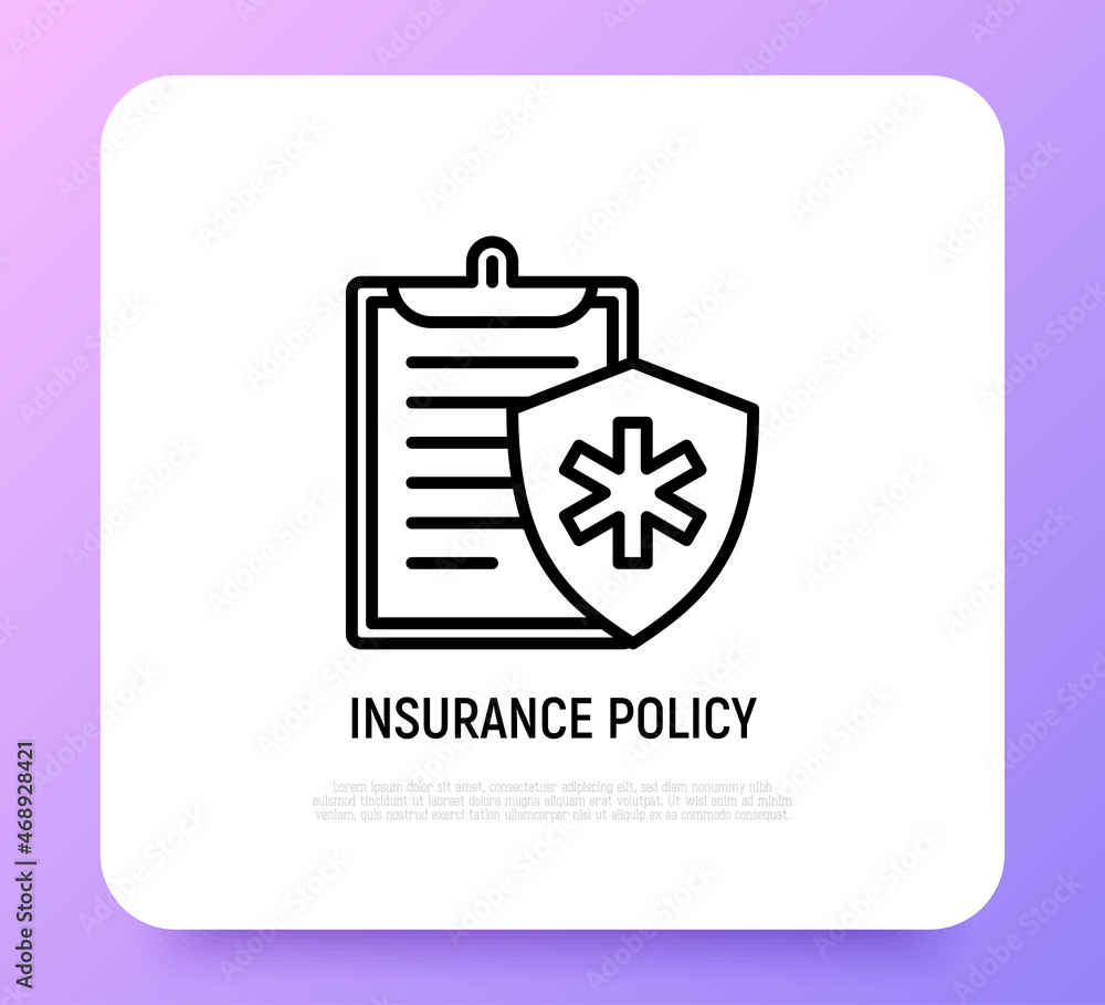 Insurance policy thin line icon: document with sign of health protection. Modern vector illustration.