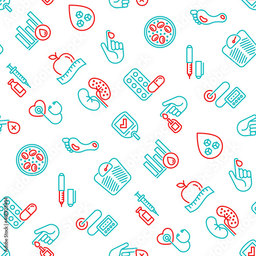 Diabetes seamless pattern with thin line icons: blood test, glucometer, glucose level, insulin pen, hyperglycemia, insulin pump, diabetic retinopathy. Vector illustration for medical background.