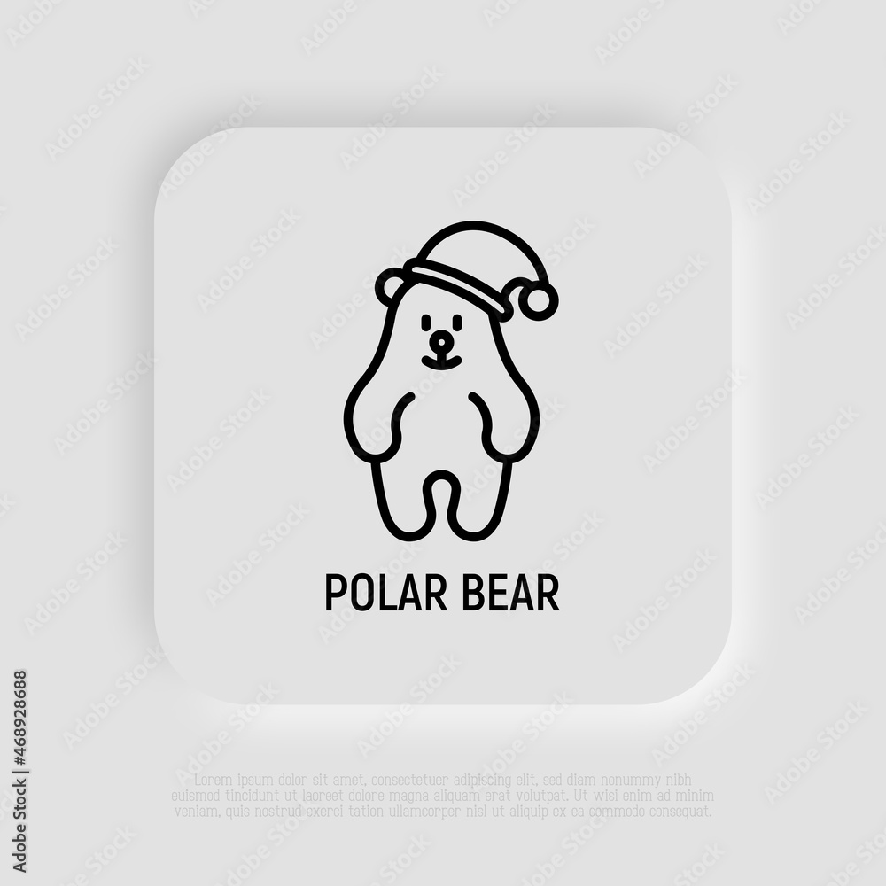 Funny polar bear in Christmas hat thin line icon. Modern vector illustration.