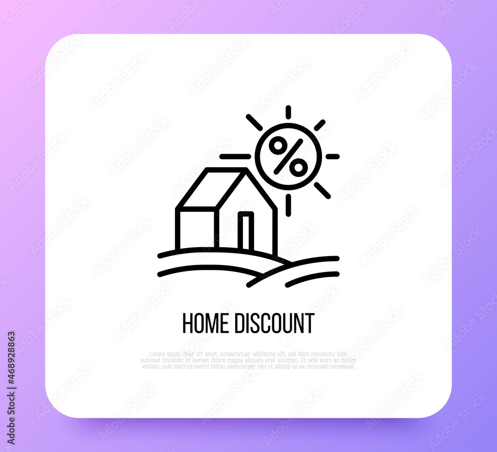 Home discount thin line icon. Real estate sale. Price fall. Modern vector illustration.