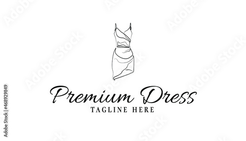Dress logo design template element. Women fashion store brand identity. Feminine dress logo vector design. Aesthetic dress line art illustration. Minimal and modern fashion logo inspiration.
