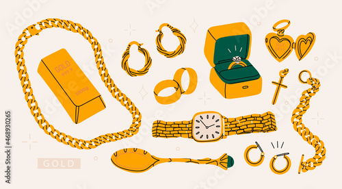 Big Golden set. Precious jewelry concept. Gold bar, earrings, heart shaped locket, engagement wedding rings, wrist watch, golden chain, bracelet, cross, spoon. Hand drawn modern Vector illustration