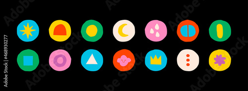 Set of Vector highlight covers. Abstract backgrounds. Various shapes, circles, simple objects, doodles. Cartoon style. Hand drawn templates. Round icons for social media stories. Perfect for bloggers