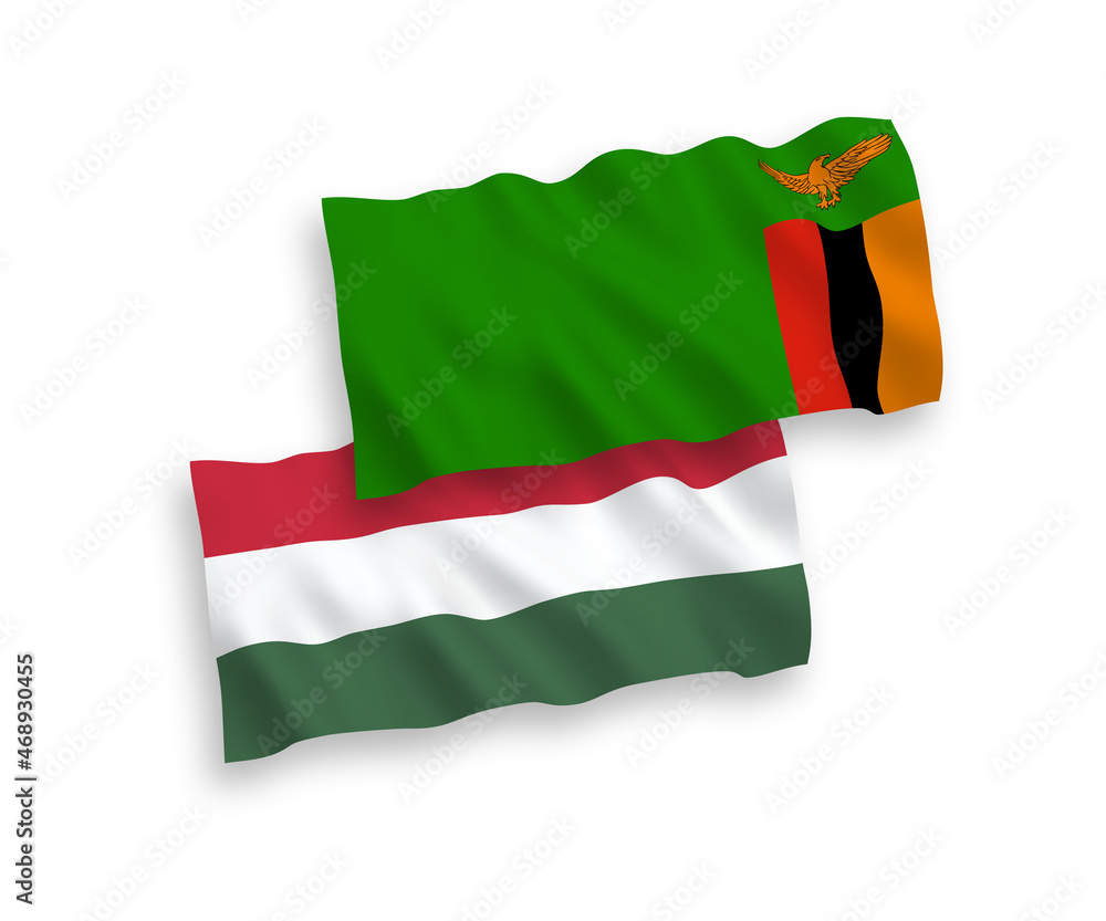 Flags of Republic of Zambia and Hungary on a white background Flags of Republic of Zambia and Hungary on a white background