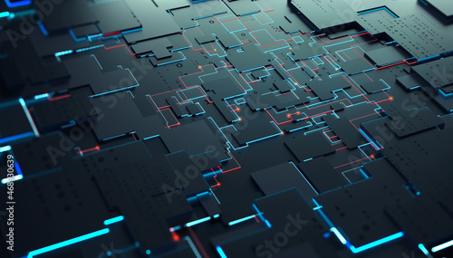 Cyber architecture 3D illustration. Nano, neuro technologies, internet structures. Microchip, circuit, smart object. Quantum Processor and Big Data Analysis