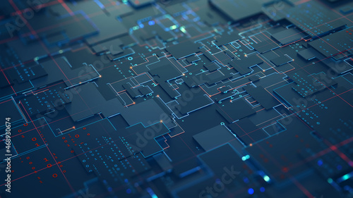 Cyber architecture 3D illustration. Nano, neuro technologies, internet structures. Microchip, circuit, smart object. Quantum Processor and Big Data Analysis