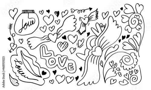 hand drawn doodles set for Valentine s Day. collection of beautiful hearts and writings Love. Vector illustration.