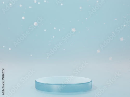 Ice podium with snowy background for product display