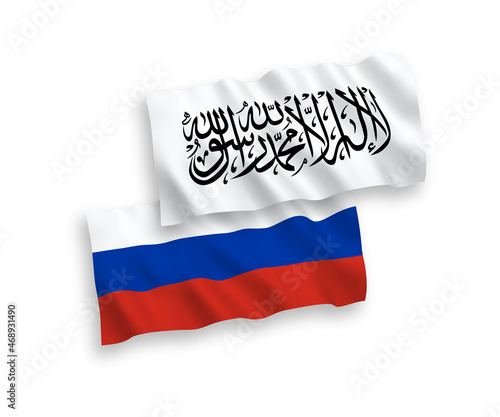 Flags of Taliban and Russia on a white background