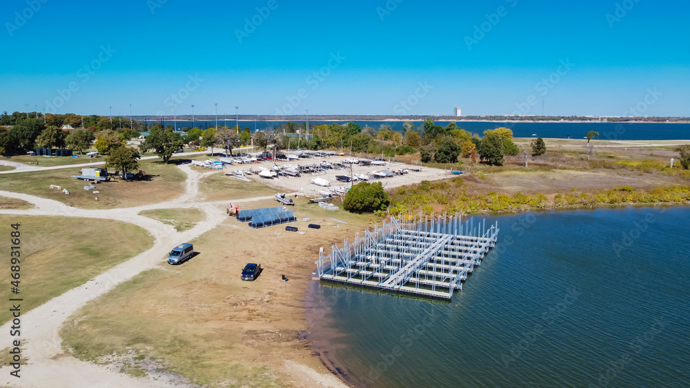 Top view steel dock systems with span roof under construction at Grapevine Lake, Texas, USA