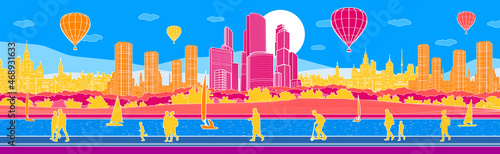 Colorful bright embankment cityscape sketch. Balloons are flying over town. Color modern city. Infrastructure illustration. People walking at street. Vector design art