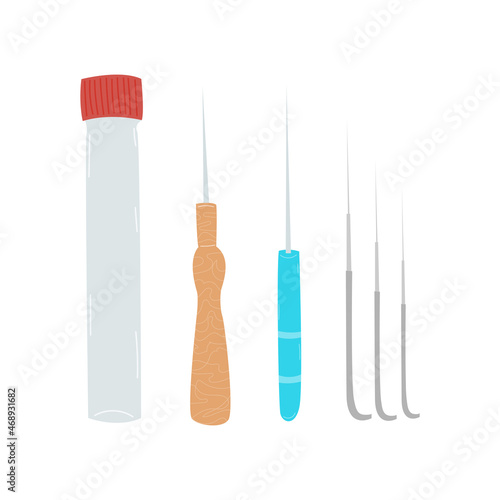 A set of needles and a wool felting box,filleting, handmade. Vector illustration