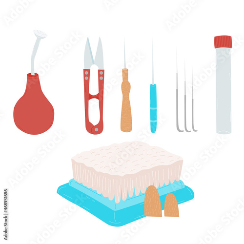 A starter kit for felting wool needles. Vector illustration on the theme of needlework.