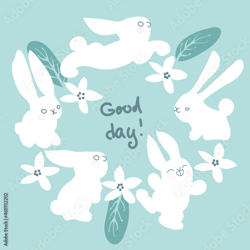 an illustration with cute white bunnies and flowers.