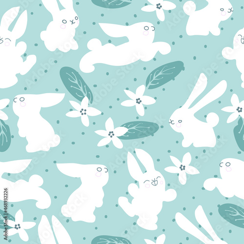 Seamless pattern with the image of cute bunnies surrounded by white flowers.