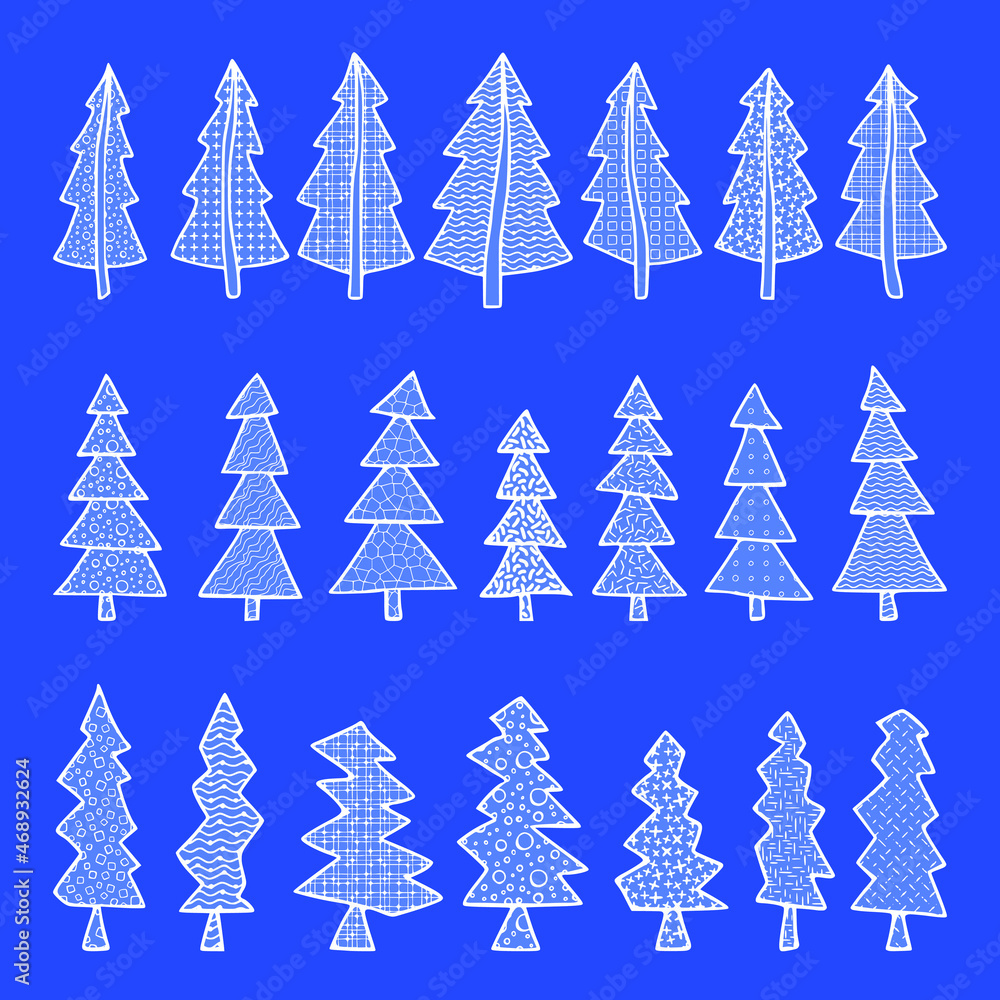 Fototapeta premium Set of stylized Christmas trees, abstract imitation. Different textures, hand-drawing. Vector illustration.