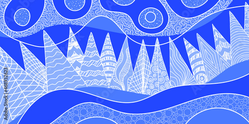 Abstract vector illustration. Stylization of a winter landscape: snowdrifts, trees, sky. Original textures.