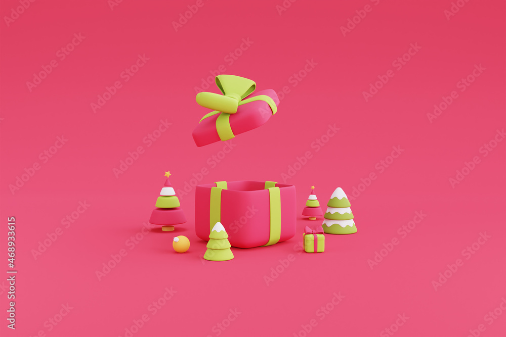 Open gift box surrounded by pine tree ,minimal 3d design Xmas Decorations.3d render illustration.